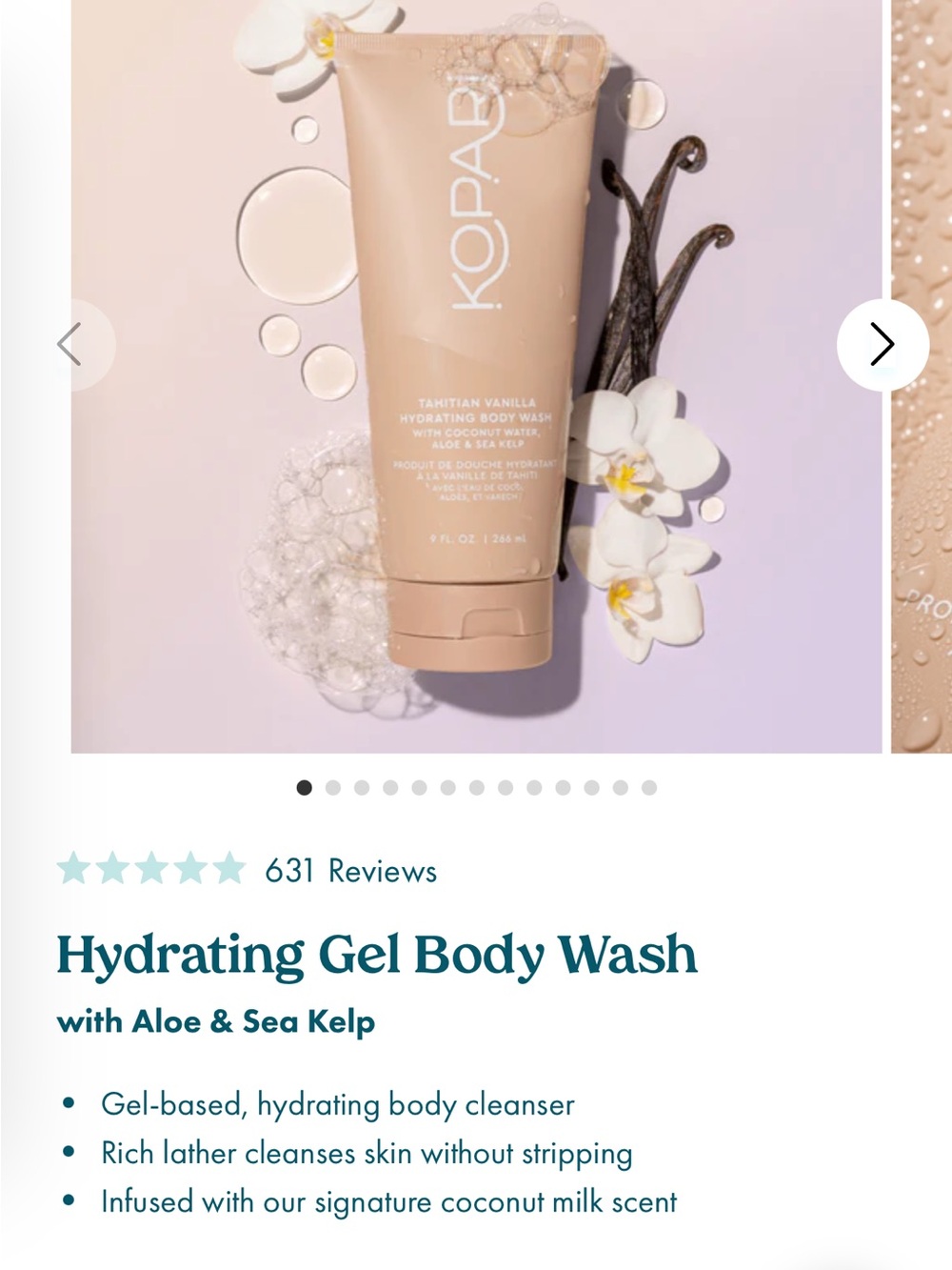 Kopari Tahitian Vanilla Hydrating Gel Body Wash — Beige Tube